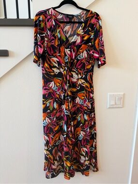 MSK Black Floral Twist-Front Midi Dress with Pink & Orange Accents